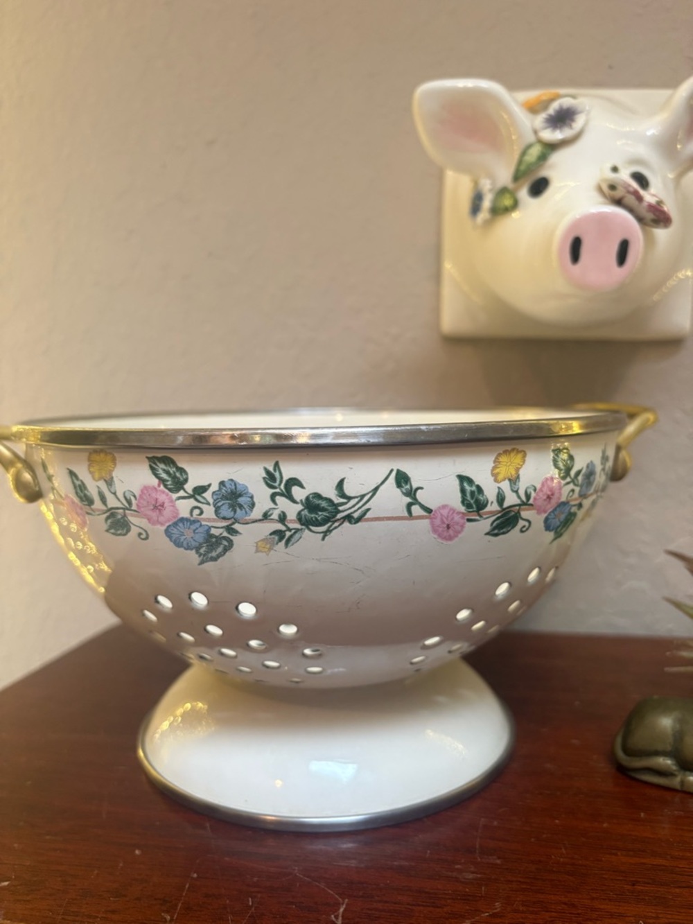 Vintage Floral and Brass Colander